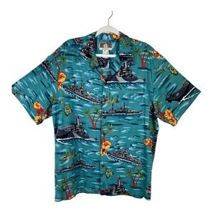 Kalaheo Sz XL US Navy Shirt Tropical Print Shirt Short Sleeve Teal Blue